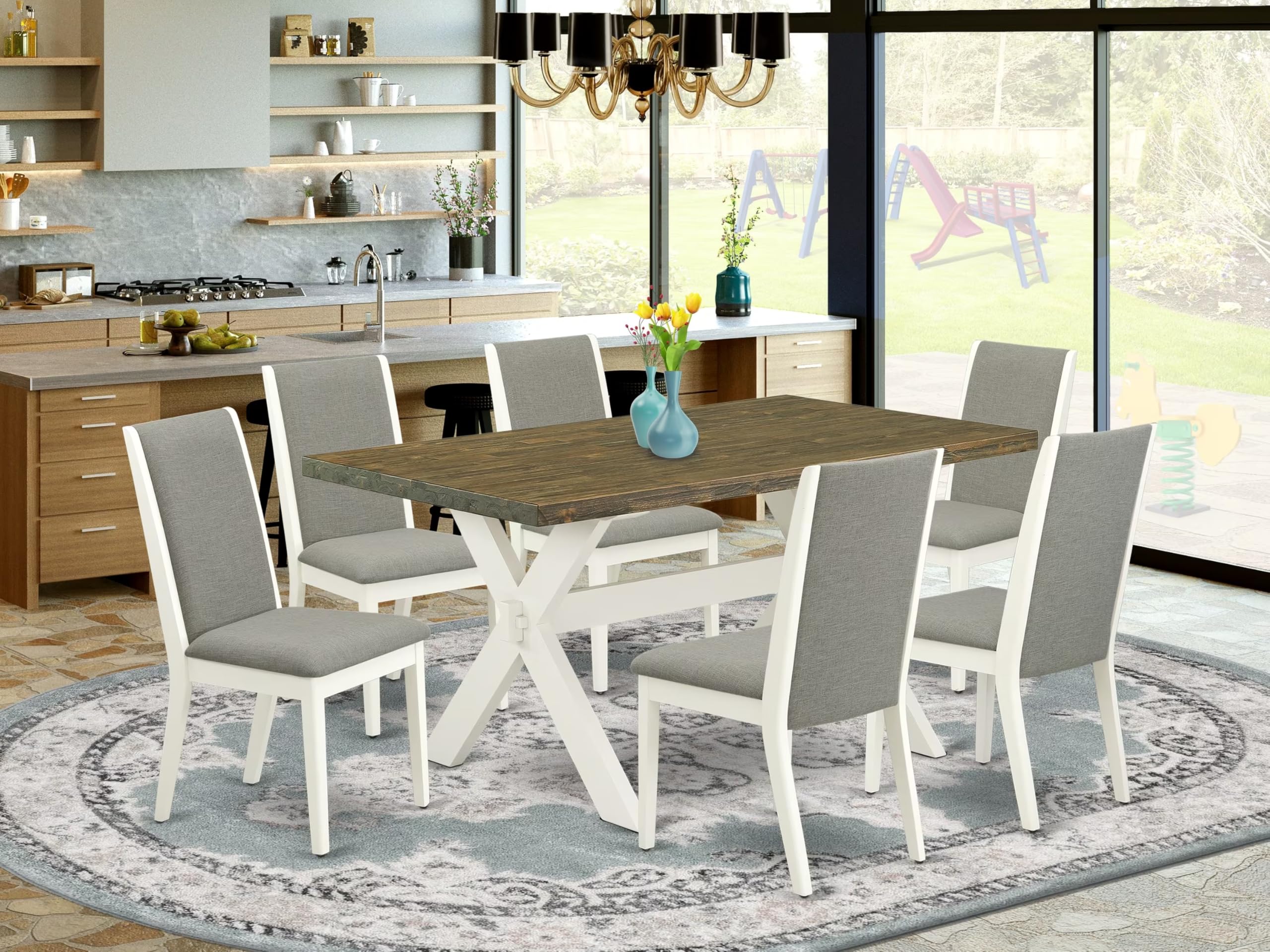 East West Furniture X076La206-7 7 Piece Dining Room Table Set Consist Of A Rectangle Kitchen Table With X-Legs And 6 Shitake Linen Fabric Parson Dining Chairs, 36X60 Inch, Multi-Color